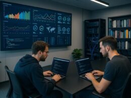 Modernes High-Tech Büro mit Entwicklern, großen Bildschirmen mit Datenvisualisierung und technischen Regalen