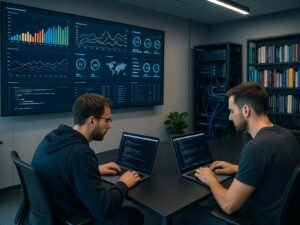 Modernes High-Tech Büro mit Entwicklern, großen Bildschirmen mit Datenvisualisierung und technischen Regalen