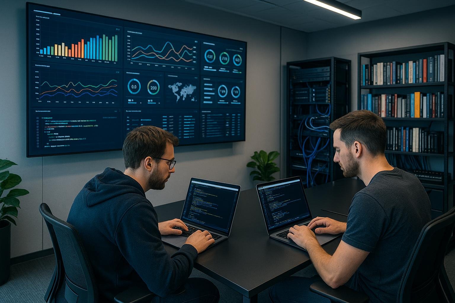 Modernes High-Tech Büro mit Entwicklern, großen Bildschirmen mit Datenvisualisierung und technischen Regalen