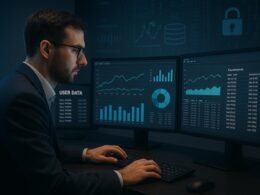 Professioneller männlicher Datenanalyst im modernen Büro mit mehreren Bildschirmen und Datenvisualisierungen