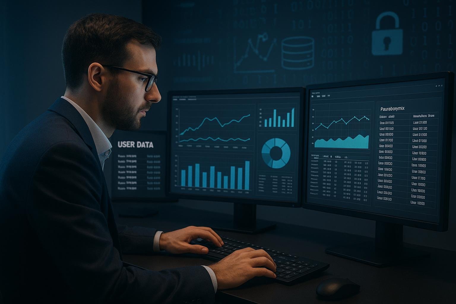 Professioneller männlicher Datenanalyst im modernen Büro mit mehreren Bildschirmen und Datenvisualisierungen