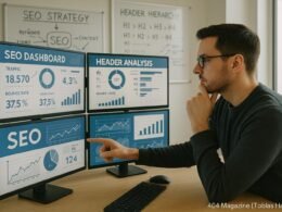 Ein moderner Arbeitsplatz mit einem SEO-Analysten, der auf einen Monitor zeigt, umgeben von Daten, Diagrammen und Whiteboards mit SEO-Strategien.