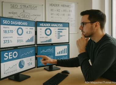 Ein moderner Arbeitsplatz mit einem SEO-Analysten, der auf einen Monitor zeigt, umgeben von Daten, Diagrammen und Whiteboards mit SEO-Strategien.
