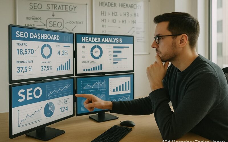 Ein moderner Arbeitsplatz mit einem SEO-Analysten, der auf einen Monitor zeigt, umgeben von Daten, Diagrammen und Whiteboards mit SEO-Strategien.