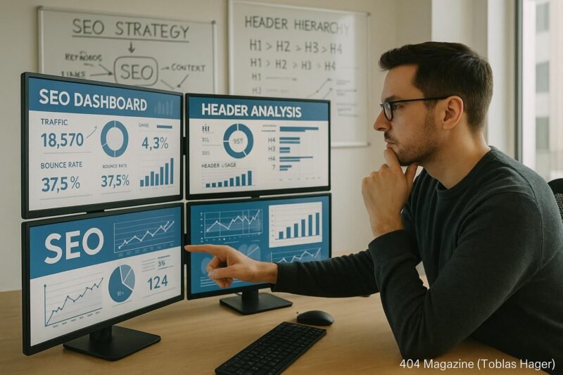 Ein moderner Arbeitsplatz mit einem SEO-Analysten, der auf einen Monitor zeigt, umgeben von Daten, Diagrammen und Whiteboards mit SEO-Strategien.