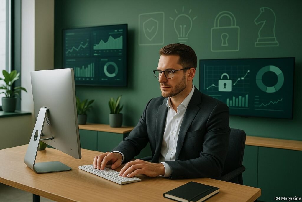 Geschäftsmann arbeitet an einem Computer im modernen Büro mit großen Monitoren, Datenvisualisierungen und Datenschutz-Icons im Hintergrund