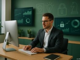 Geschäftsmann arbeitet an einem Computer im modernen Büro mit großen Monitoren, Datenvisualisierungen und Datenschutz-Icons im Hintergrund