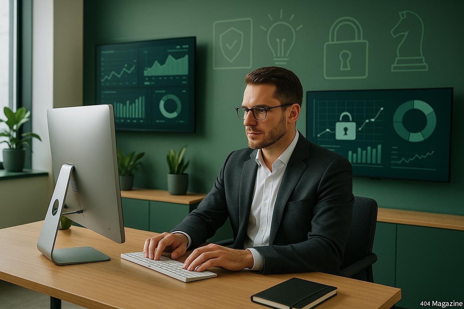 Geschäftsmann arbeitet an einem Computer im modernen Büro mit großen Monitoren, Datenvisualisierungen und Datenschutz-Icons im Hintergrund