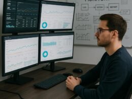 Ein moderner technischer Arbeitsplatz mit mehreren Monitoren, einem Entwickler und einem Whiteboard mit Skizzen für Performance Monitoring.