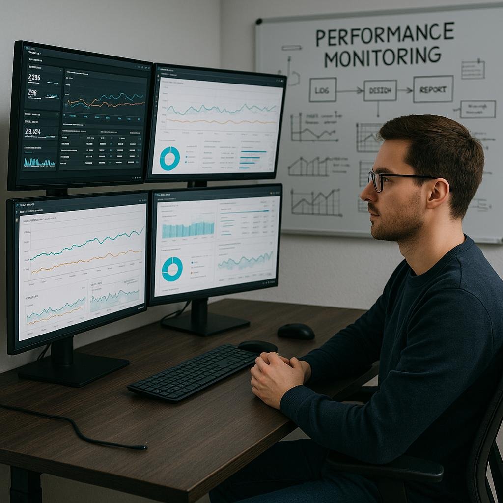Ein moderner technischer Arbeitsplatz mit mehreren Monitoren, einem Entwickler und einem Whiteboard mit Skizzen für Performance Monitoring.