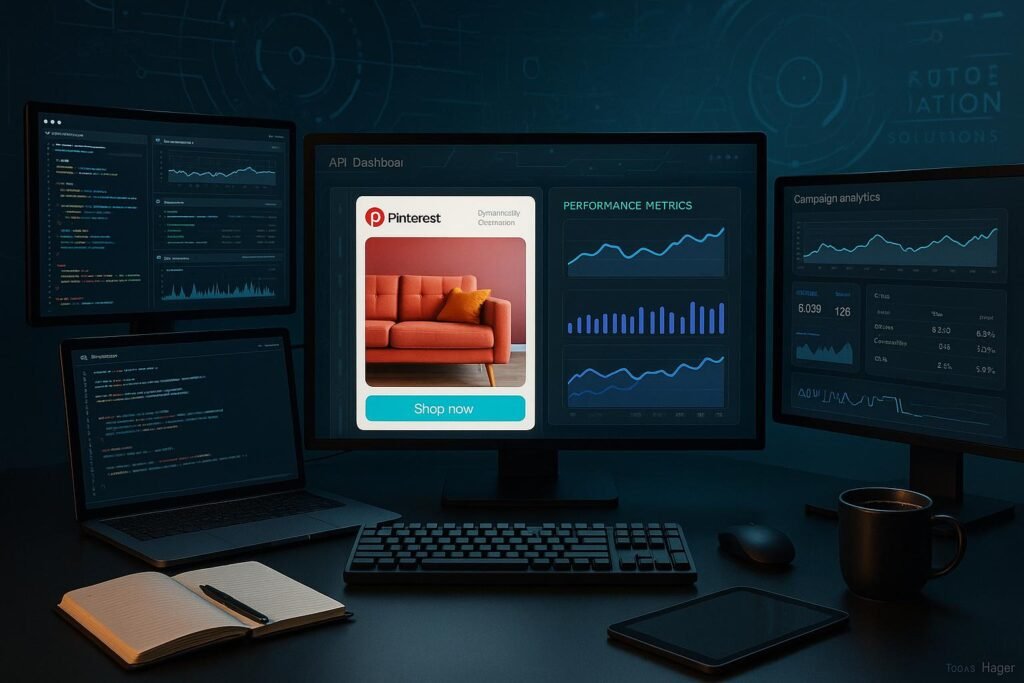 Moderner Arbeitsplatz mit Monitoren, Code und Marketing-Analysen, Pinterest-Anzeige und futuristischem Interface