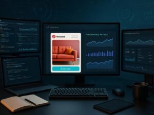 Moderner Arbeitsplatz mit Monitoren, Code und Marketing-Analysen, Pinterest-Anzeige und futuristischem Interface