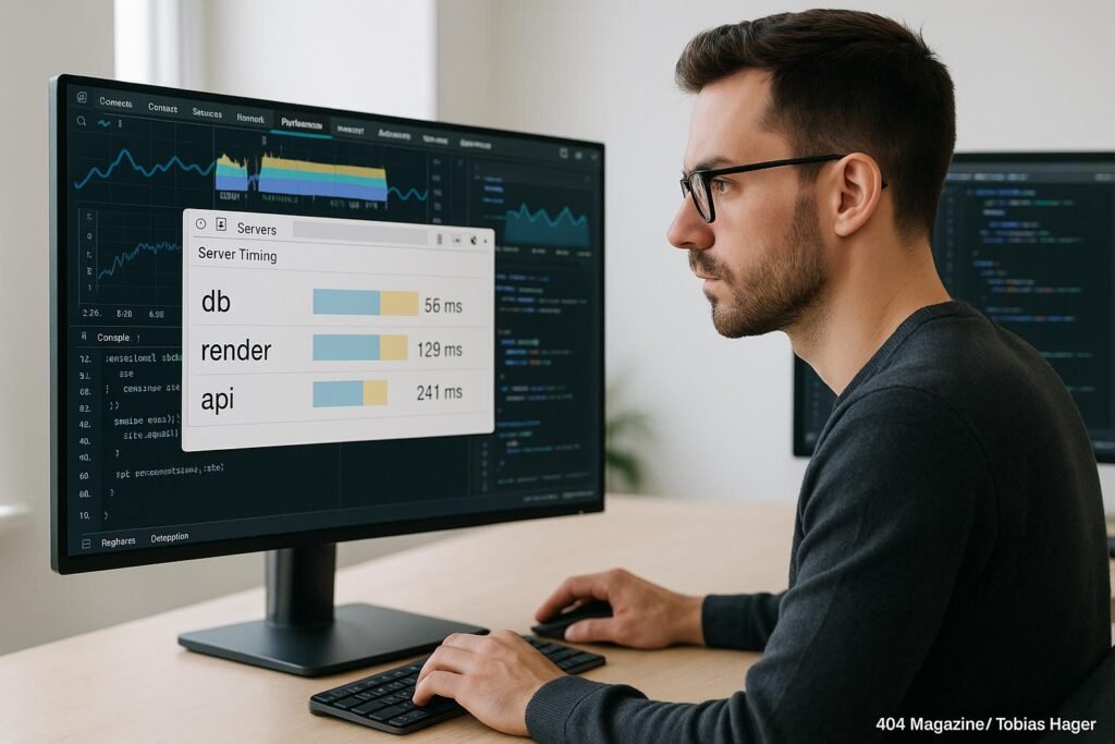 Entwickler vor einem großen Bildschirm mit Chrome DevTools Performance-Panel, der Daten zur Performance-Optimierung untersucht