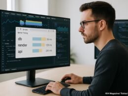 Entwickler vor einem großen Bildschirm mit Chrome DevTools Performance-Panel, der Daten zur Performance-Optimierung untersucht