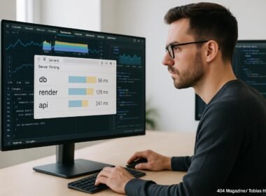 Entwickler vor einem großen Bildschirm mit Chrome DevTools Performance-Panel, der Daten zur Performance-Optimierung untersucht