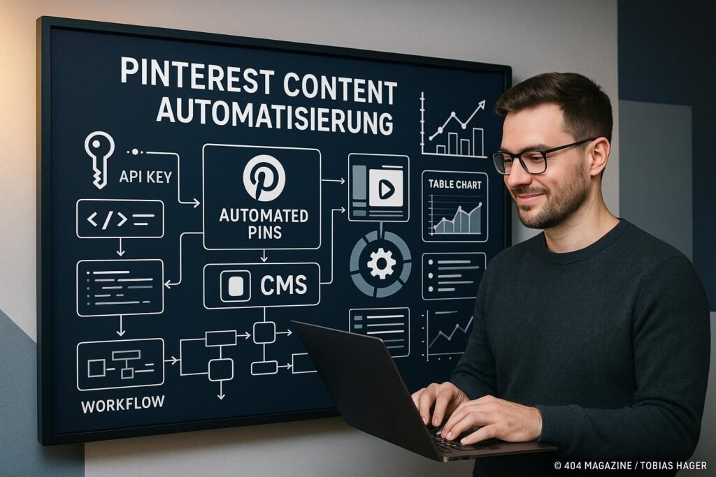 Content-Marketer arbeitet vor einem digitalen Whiteboard mit Pinterest-Automatisierungsprozessen, Code-Snippets und Workflow-Diagrammen, Credit: 404 Magazine (Tobias Hager)