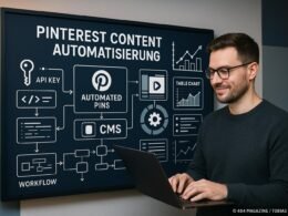 Content-Marketer arbeitet vor einem digitalen Whiteboard mit Pinterest-Automatisierungsprozessen, Code-Snippets und Workflow-Diagrammen, Credit: 404 Magazine (Tobias Hager)