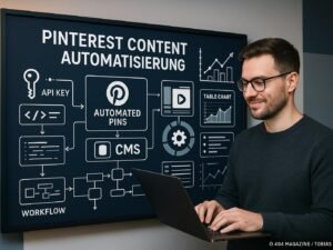 Content-Marketer arbeitet vor einem digitalen Whiteboard mit Pinterest-Automatisierungsprozessen, Code-Snippets und Workflow-Diagrammen, Credit: 404 Magazine (Tobias Hager)