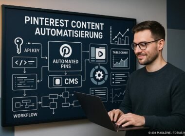 Content-Marketer arbeitet vor einem digitalen Whiteboard mit Pinterest-Automatisierungsprozessen, Code-Snippets und Workflow-Diagrammen, Credit: 404 Magazine (Tobias Hager)