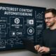 Content-Marketer arbeitet vor einem digitalen Whiteboard mit Pinterest-Automatisierungsprozessen, Code-Snippets und Workflow-Diagrammen, Credit: 404 Magazine (Tobias Hager)