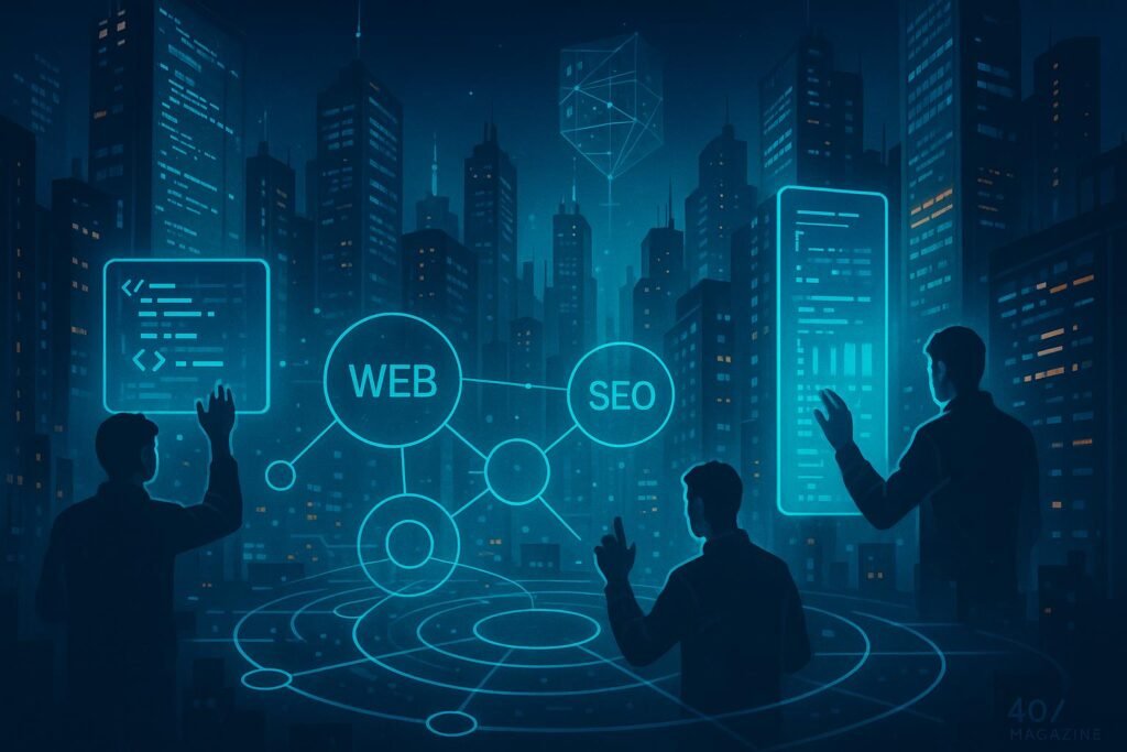 Futuristische Stadtansicht bei Nacht mit leuchtenden digitalen Bildschirmen, holographischen Interfaces und Silhouetten von Entwicklern, die mit UV-lichtähnlichen Interfaces interagieren.