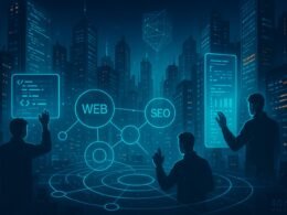 Futuristische Stadtansicht bei Nacht mit leuchtenden digitalen Bildschirmen, holographischen Interfaces und Silhouetten von Entwicklern, die mit UV-lichtähnlichen Interfaces interagieren.