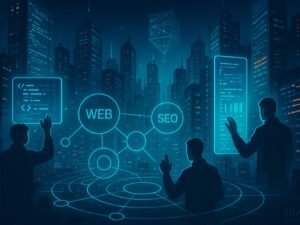 Futuristische Stadtansicht bei Nacht mit leuchtenden digitalen Bildschirmen, holographischen Interfaces und Silhouetten von Entwicklern, die mit UV-lichtähnlichen Interfaces interagieren.