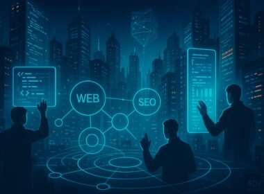 Futuristische Stadtansicht bei Nacht mit leuchtenden digitalen Bildschirmen, holographischen Interfaces und Silhouetten von Entwicklern, die mit UV-lichtähnlichen Interfaces interagieren.