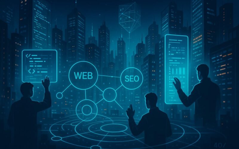 Futuristische Stadtansicht bei Nacht mit leuchtenden digitalen Bildschirmen, holographischen Interfaces und Silhouetten von Entwicklern, die mit UV-lichtähnlichen Interfaces interagieren.