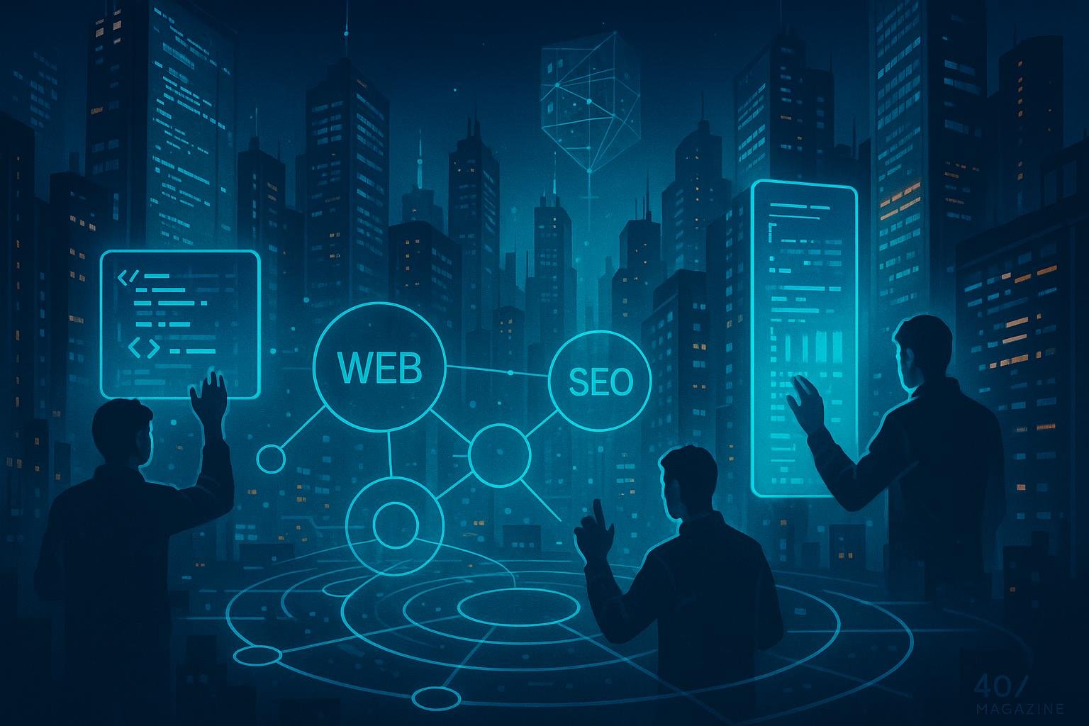 Futuristische Stadtansicht bei Nacht mit leuchtenden digitalen Bildschirmen, holographischen Interfaces und Silhouetten von Entwicklern, die mit UV-lichtähnlichen Interfaces interagieren.