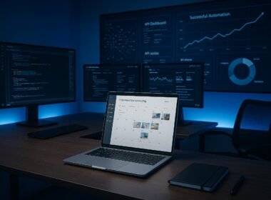 Modernes High-Tech Arbeitszimmer mit mehreren Monitoren, Code, Dashboards und automatisierter Planung, leichten Blautönen und LED-Beleuchtung