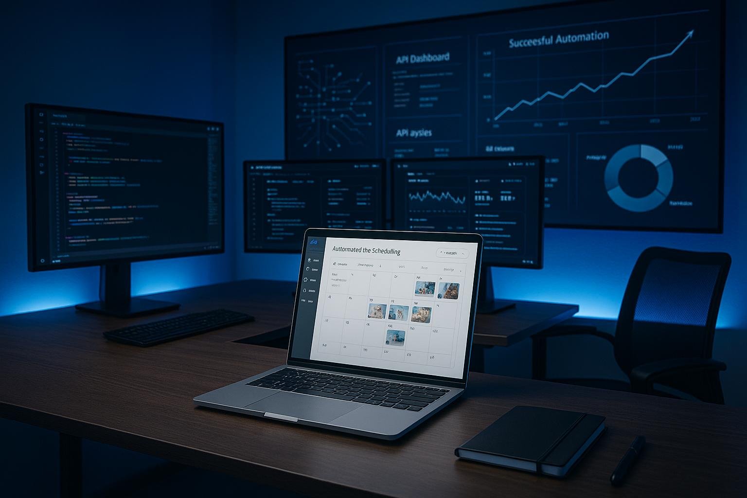 Modernes High-Tech Arbeitszimmer mit mehreren Monitoren, Code, Dashboards und automatisierter Planung, leichten Blautönen und LED-Beleuchtung