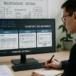 Person in businessähnlicher Kleidung betrachtet einen Computerbildschirm mit responsiven Breakpoints, im Hintergrund Whiteboard mit Skizzen zu Responsiv-Design und SEO, umgeben von Pflanzen und technischer Ausstattung.