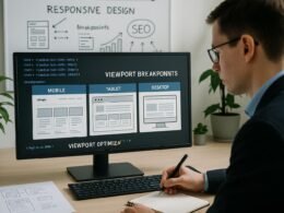 Person in businessähnlicher Kleidung betrachtet einen Computerbildschirm mit responsiven Breakpoints, im Hintergrund Whiteboard mit Skizzen zu Responsiv-Design und SEO, umgeben von Pflanzen und technischer Ausstattung.