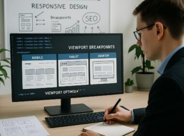 Person in businessähnlicher Kleidung betrachtet einen Computerbildschirm mit responsiven Breakpoints, im Hintergrund Whiteboard mit Skizzen zu Responsiv-Design und SEO, umgeben von Pflanzen und technischer Ausstattung.