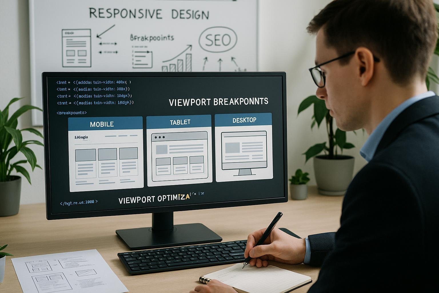 Person in businessähnlicher Kleidung betrachtet einen Computerbildschirm mit responsiven Breakpoints, im Hintergrund Whiteboard mit Skizzen zu Responsiv-Design und SEO, umgeben von Pflanzen und technischer Ausstattung.