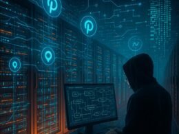 Futuristisches Datenzentrum mit leuchtenden Server-Racks, digital verbundenen Datenströmen und einem technischen Experten in Hoodie, der auf einen Monitor mit Diagrammen blickt, im Hintergrund holografische Grafiken zu Automatisierung und Content-Feeds, die Ecommerce-Systeme mit Pinterest verbinden, Credit: 404 Magazine (Tobias Hager)