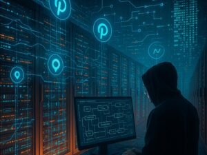 Futuristisches Datenzentrum mit leuchtenden Server-Racks, digital verbundenen Datenströmen und einem technischen Experten in Hoodie, der auf einen Monitor mit Diagrammen blickt, im Hintergrund holografische Grafiken zu Automatisierung und Content-Feeds, die Ecommerce-Systeme mit Pinterest verbinden, Credit: 404 Magazine (Tobias Hager)