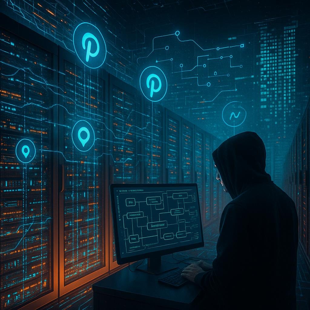 Futuristisches Datenzentrum mit leuchtenden Server-Racks, digital verbundenen Datenströmen und einem technischen Experten in Hoodie, der auf einen Monitor mit Diagrammen blickt, im Hintergrund holografische Grafiken zu Automatisierung und Content-Feeds, die Ecommerce-Systeme mit Pinterest verbinden, Credit: 404 Magazine (Tobias Hager)