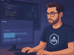 Webentwickler vor einem Bildschirm mit Shadow DOM-Diagrammen, transparentem Layout und technischen Icons