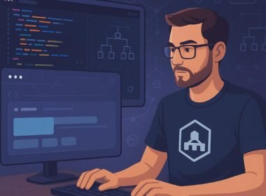 Webentwickler vor einem Bildschirm mit Shadow DOM-Diagrammen, transparentem Layout und technischen Icons