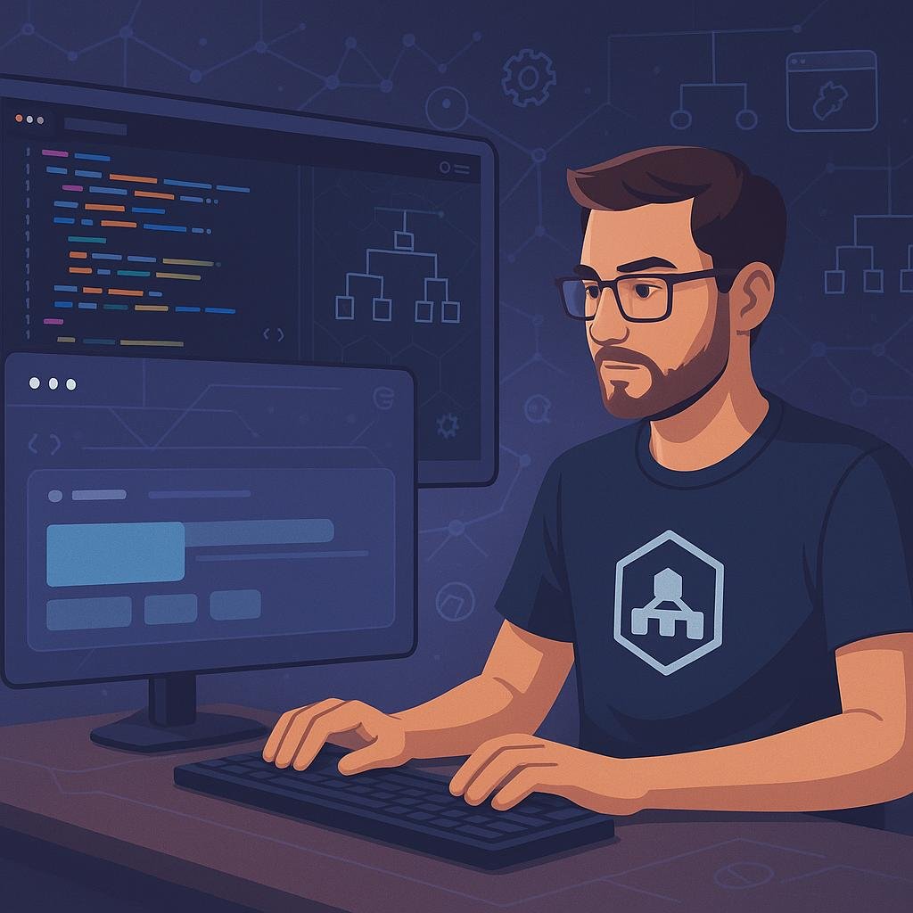 Webentwickler vor einem Bildschirm mit Shadow DOM-Diagrammen, transparentem Layout und technischen Icons
