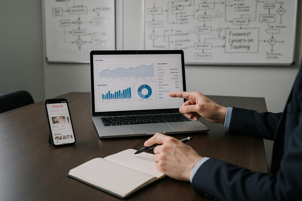 Professioneller Arbeitsplatz mit Laptop, Smartphone und Whiteboards, zeigt Datenanalysen und Pinterest-Kampagnen, Bild von Tobias Hager für 404 Magazine