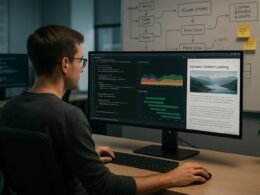 Entwickler sitzt an einem großen Bildschirm mit Code, Diagrammen und Web-Vorschau in einem High-Tech-Office mit mehreren Monitoren und Whiteboards