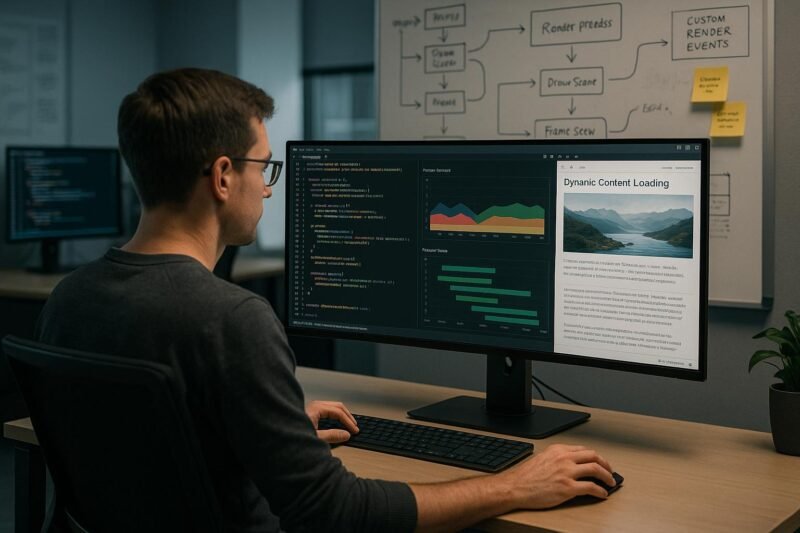 Entwickler sitzt an einem großen Bildschirm mit Code, Diagrammen und Web-Vorschau in einem High-Tech-Office mit mehreren Monitoren und Whiteboards