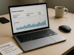 Modernes Arbeitsumfeld mit Laptop, Pinterest-Analytics-Dashboard, Notizblättern, Smartphone und Kaffee auf einem eleganten Schreibtisch, im Hintergrund technische Geräte