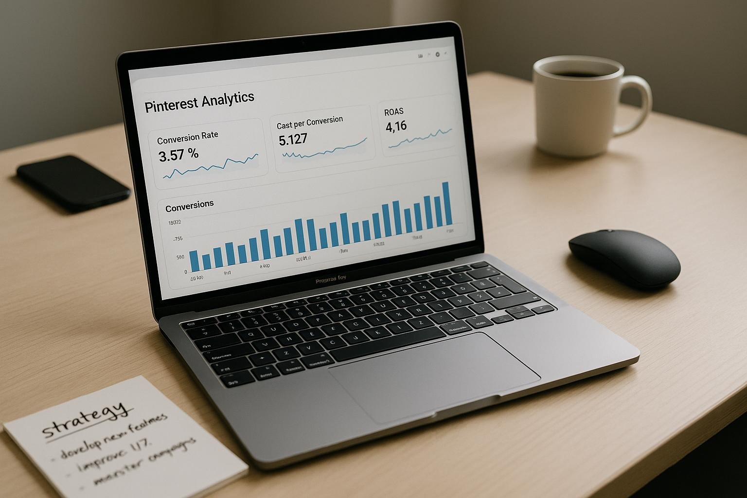 Modernes Arbeitsumfeld mit Laptop, Pinterest-Analytics-Dashboard, Notizblättern, Smartphone und Kaffee auf einem eleganten Schreibtisch, im Hintergrund technische Geräte