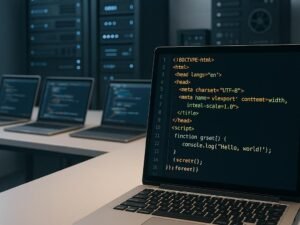 Nahaufnahme eines Monitors mit sauberem HTML- und JavaScript-Code in einer modernen Entwicklerumgebung, im Hintergrund Server-Racks und technische Geräte sichtbar.