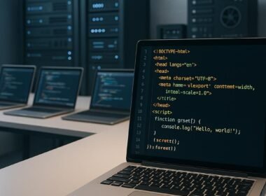 Nahaufnahme eines Monitors mit sauberem HTML- und JavaScript-Code in einer modernen Entwicklerumgebung, im Hintergrund Server-Racks und technische Geräte sichtbar.