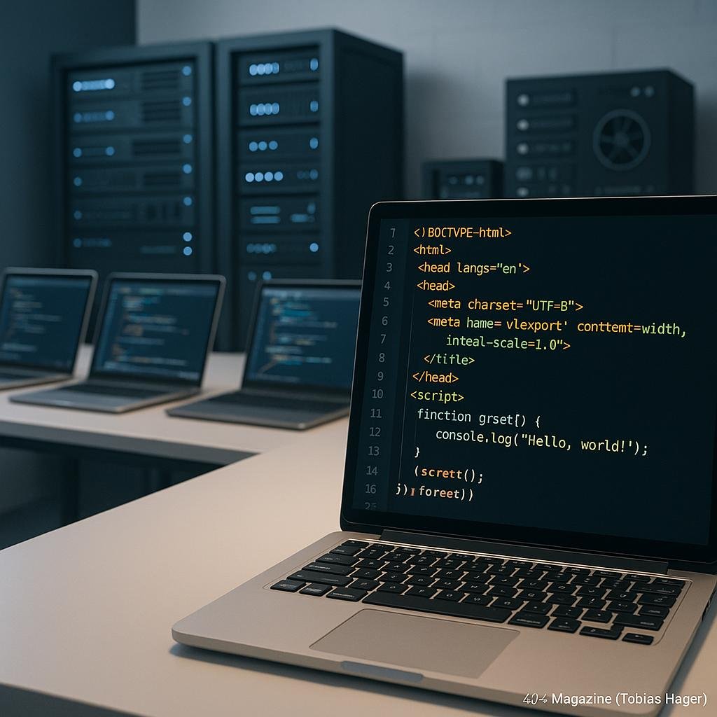 Nahaufnahme eines Monitors mit sauberem HTML- und JavaScript-Code in einer modernen Entwicklerumgebung, im Hintergrund Server-Racks und technische Geräte sichtbar.